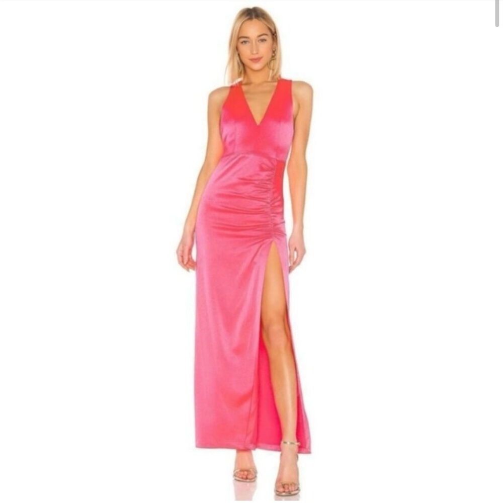NWT ALICE + OLIVIA Diana Racerback V-Neck High-Slit Gown L | 10 Neon Pink #9453